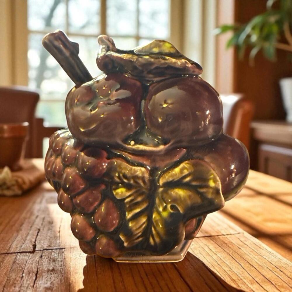 INARCO E-2717 Covered Jelly Jam Jar w/ Spoon 3D Grapes & Plums